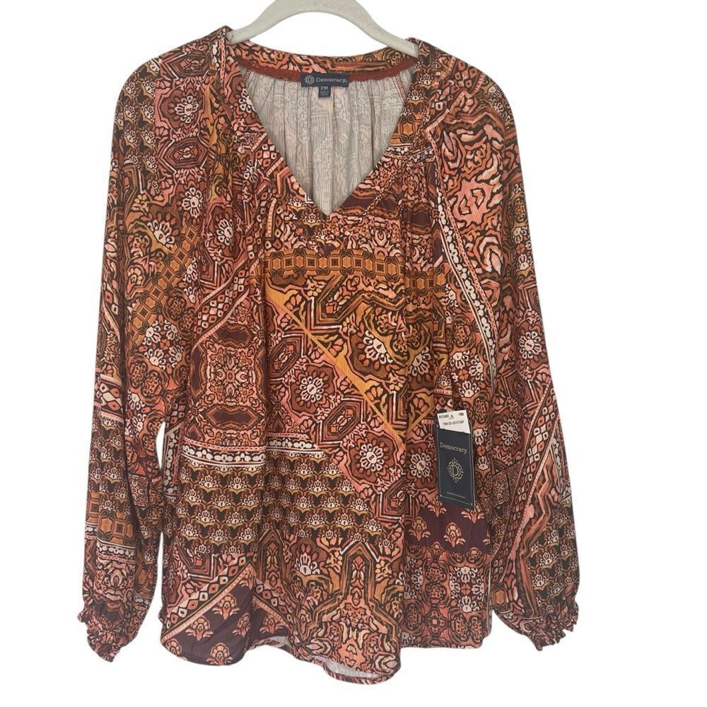 Democracy Blouse Long Blouson Sleeve Woven Top Womens PM Boho Print V-Neck